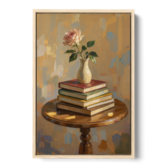 Stack of Books Painting with a Blush Rose - Oak Framed Canvas Wall Art - Front