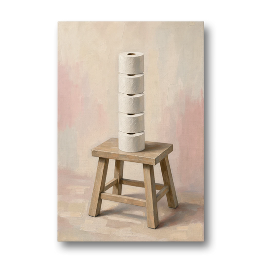 Stacked Toilet Paper Rolls on a Wooden Stool - Canvas Wall Art - Front