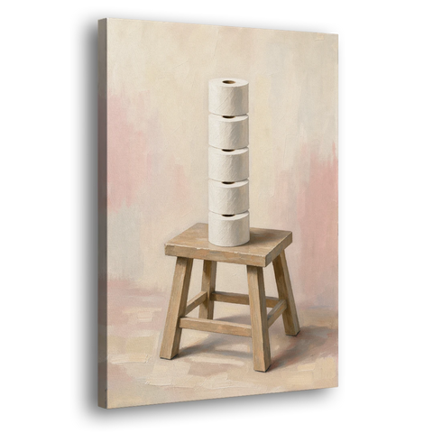 Stacked Toilet Paper Rolls on a Wooden Stool - Canvas Wall Art - Side