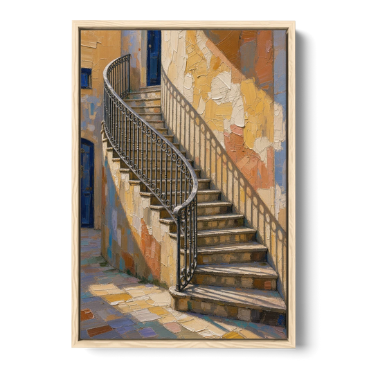 Stairway Wall Art with Curving Iron Railing - Oak Framed Canvas Wall Art - Front