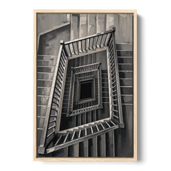 Stairwell Art of a Square Switchback Descent - Oak Framed Canvas Wall Art - Front