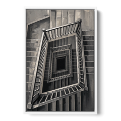 Stairwell Art of a Square Switchback Descent - White Framed Canvas Wall Art - Front