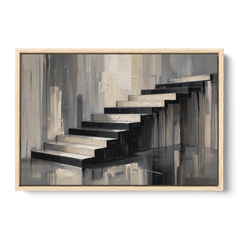 Stairwell Wall Art with Black and Bone Steps - Oak Framed Canvas Wall Art - Front