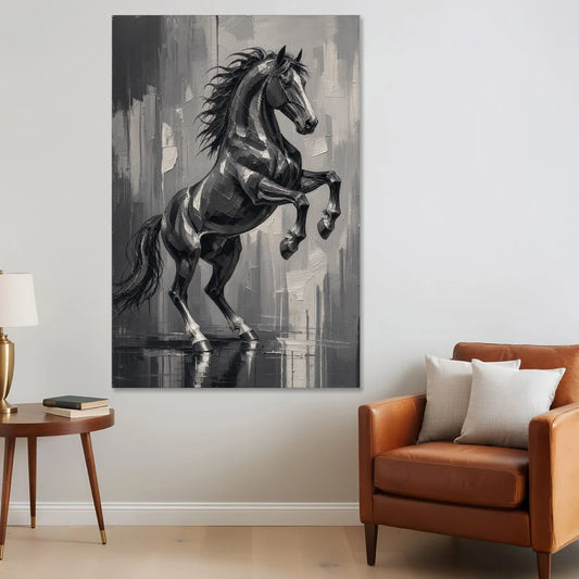 Stallion Painting Rearing in Black and White - Canvas Wall Art - Sofa - 40x60
