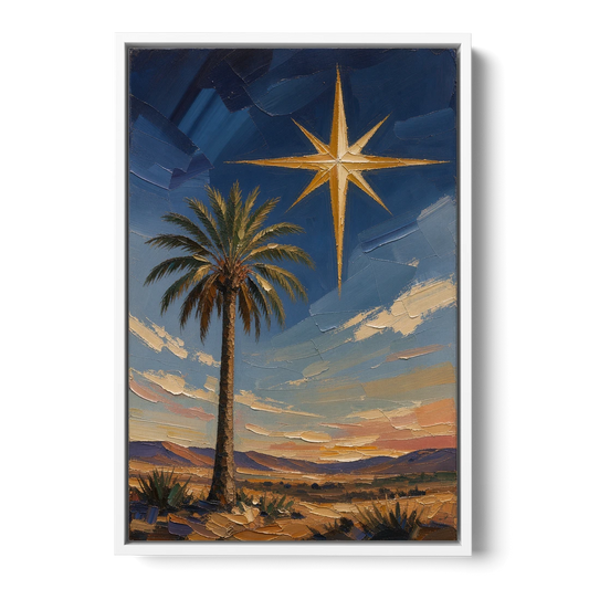 Star of Bethlehem Painting with Desert Palm - White Framed Canvas Wall Art - Front