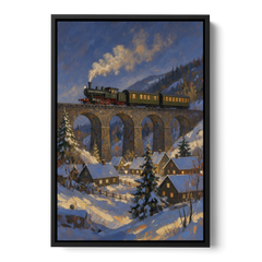 Steam Train on a Snowy Stone Viaduct - Black Framed Canvas Wall Art - Front