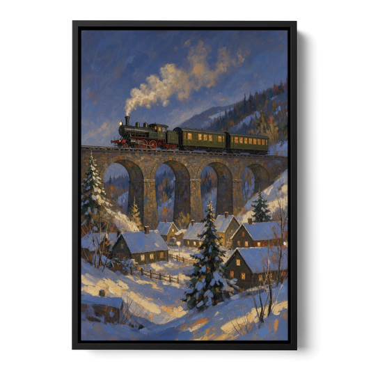 Steam Train on a Snowy Stone Viaduct - Black Framed Canvas Wall Art - Front