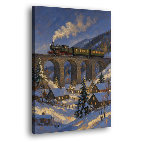Steam Train on a Snowy Stone Viaduct - Canvas Wall Art - Side