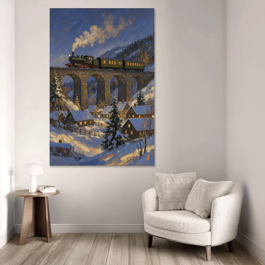 Steam Train on a Snowy Stone Viaduct - Canvas Wall Art - Sofa - 40x60