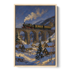 Steam Train on a Snowy Stone Viaduct - Oak Framed Canvas Wall Art - Front