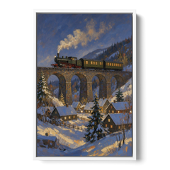 Steam Train on a Snowy Stone Viaduct - White Framed Canvas Wall Art - Front
