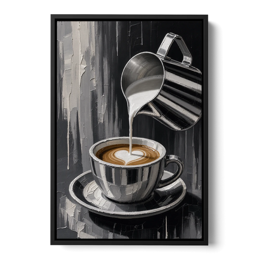 Steamed Milk Heart Pour for the Coffee Station - Black Framed Canvas Wall Art - Front