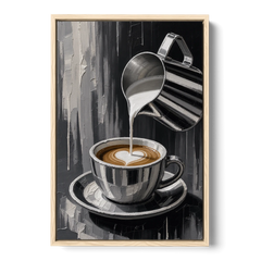 Steamed Milk Heart Pour for the Coffee Station - Oak Framed Canvas Wall Art - Front