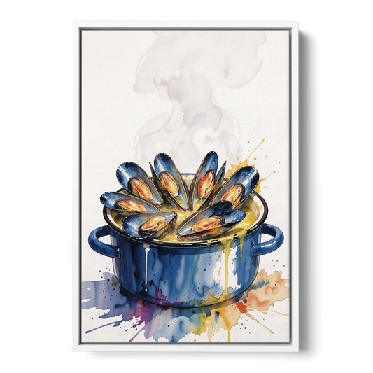 Steamed Mussels in a Blue Enamel Pot - White Framed Canvas Wall Art - Front