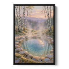 Steaming Hot Spring in a Birch Grove for the Spa - Black Framed Canvas Wall Art - Front