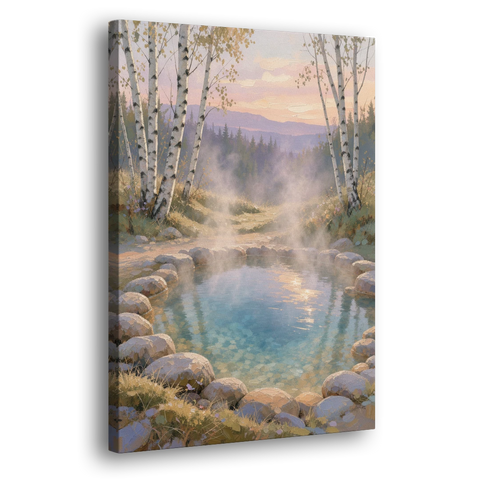 Steaming Hot Spring in a Birch Grove for the Spa - Canvas Wall Art - Side