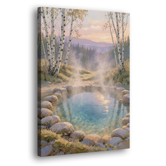 Steaming Hot Spring in a Birch Grove for the Spa - Canvas Wall Art - Side