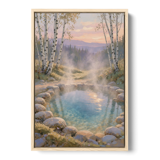 Steaming Hot Spring in a Birch Grove for the Spa - Oak Framed Canvas Wall Art - Front