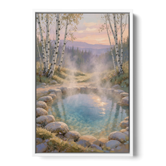 Steaming Hot Spring in a Birch Grove for the Spa - White Framed Canvas Wall Art - Front