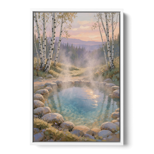 Steaming Hot Spring in a Birch Grove for the Spa - White Framed Canvas Wall Art - Front