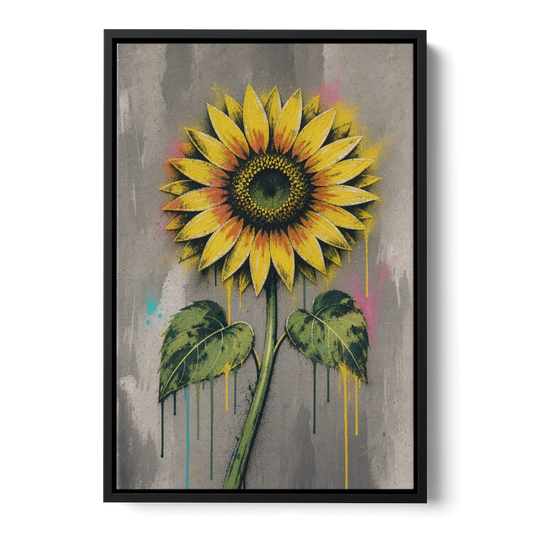 Street Art Stenciled Yellow Sunflower on Concrete - Black Framed Canvas Wall Art - Front