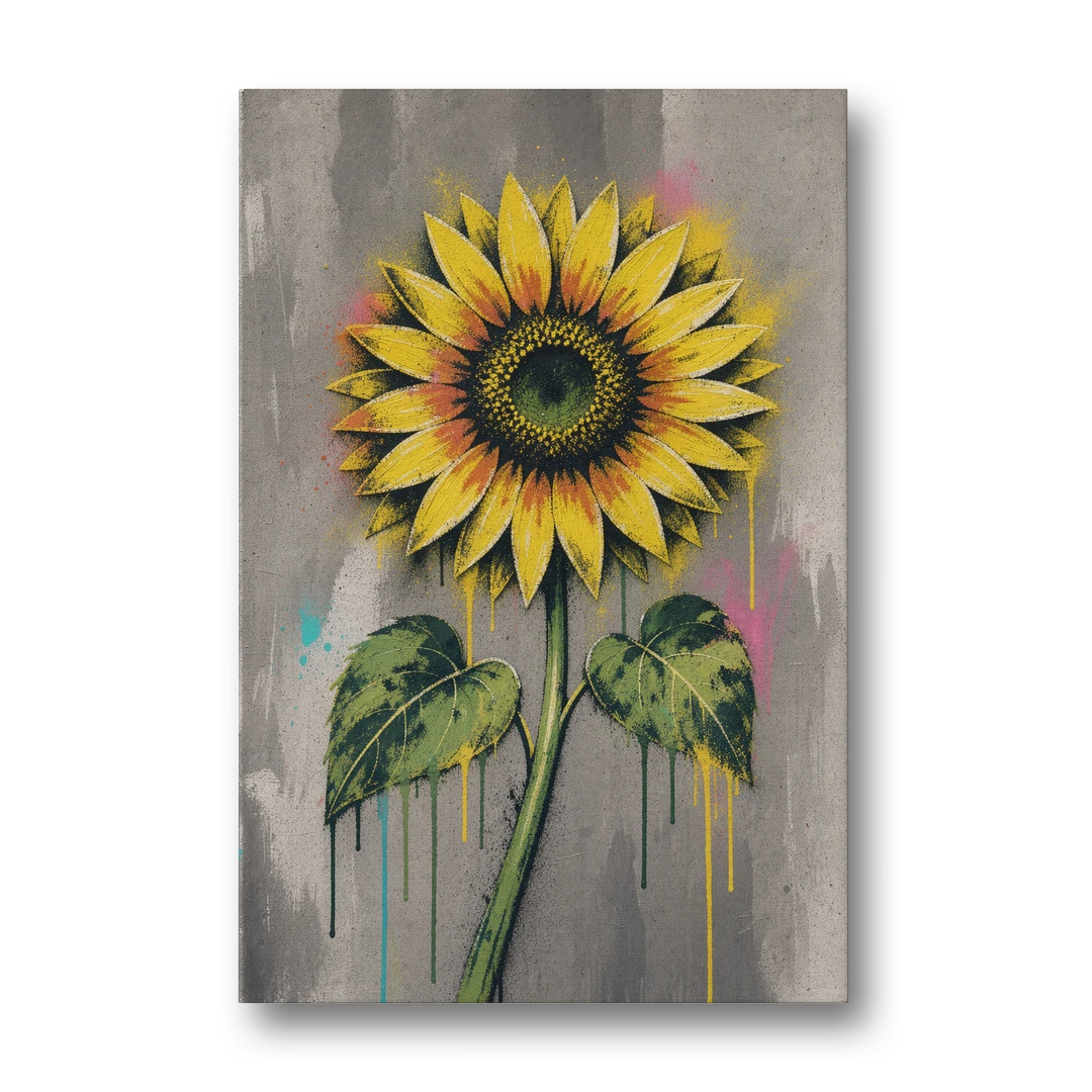 Stenciled Yellow Sunflower on Concrete - Canvas Wall Art - Front