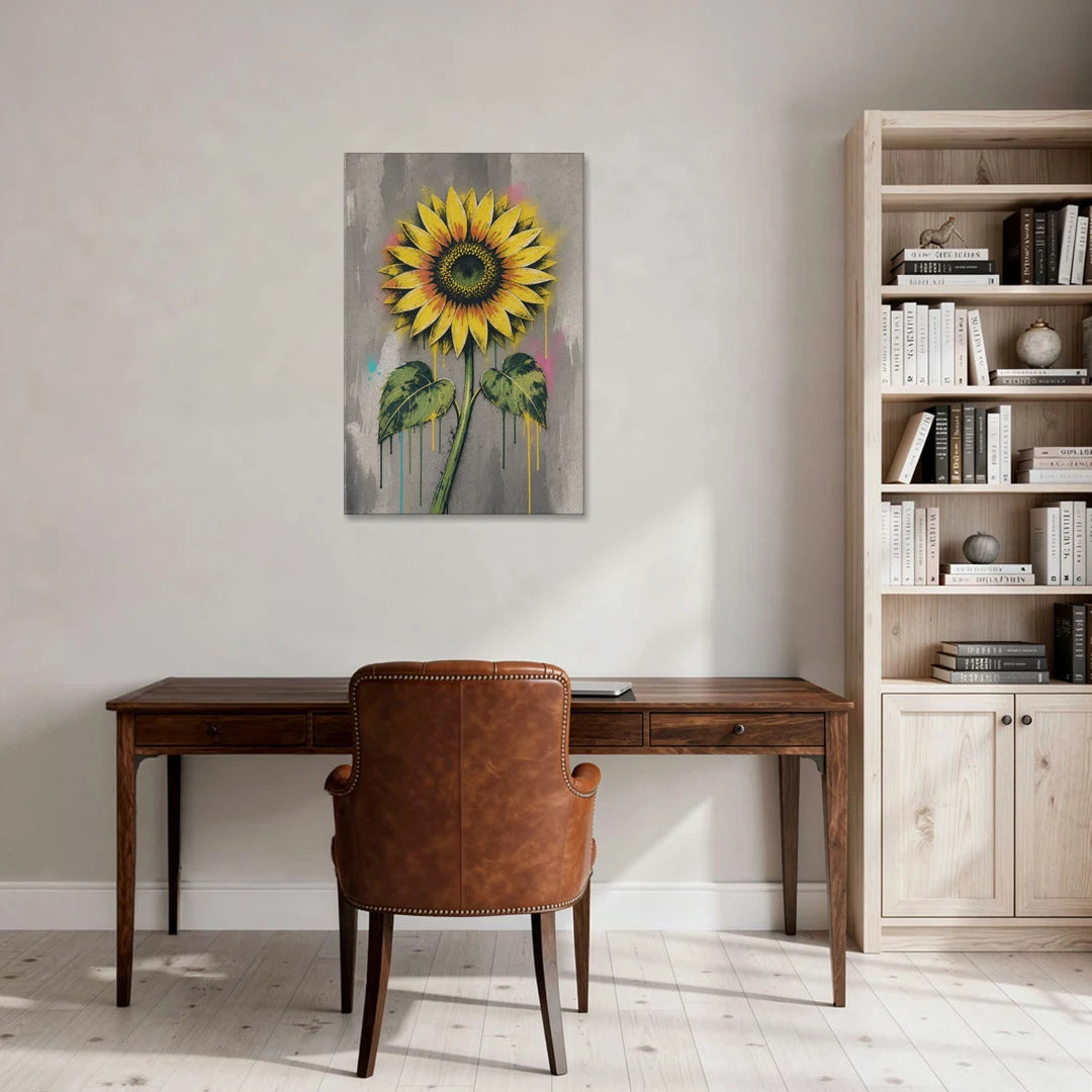 Stenciled Yellow Sunflower on Concrete - Canvas Wall Art - Office - 24x36