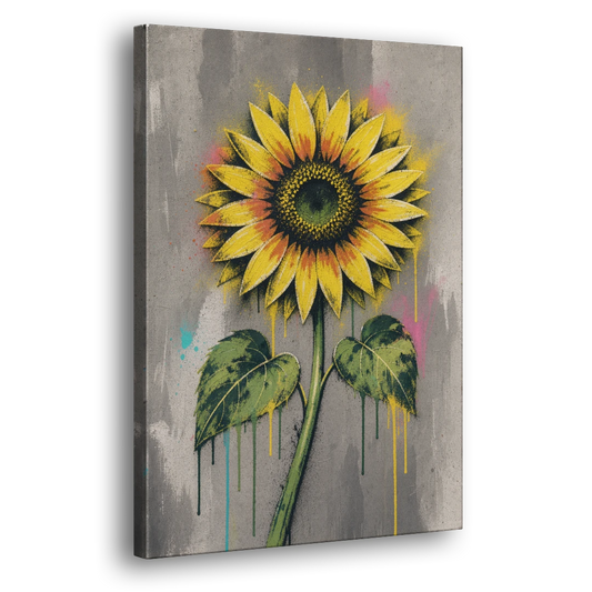 Stenciled Yellow Sunflower on Concrete - Canvas Wall Art - Side
