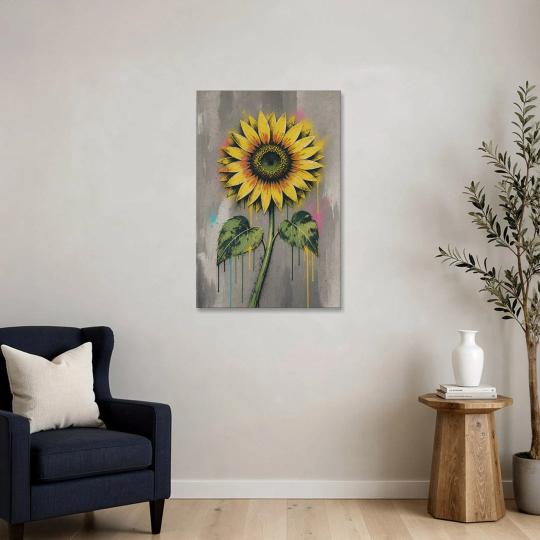 Stenciled Yellow Sunflower on Concrete - Canvas Wall Art - Sofa - 24x36