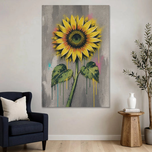Street Art Stenciled Yellow Sunflower on Concrete - Canvas Wall Art - Sofa - 40x60