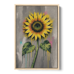 Street Art Stenciled Yellow Sunflower on Concrete - Oak Framed Canvas Wall Art - Front