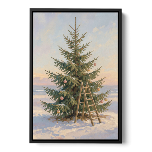 Stepladder by a Half-Decorated Fir - Black Framed Canvas Wall Art - Front