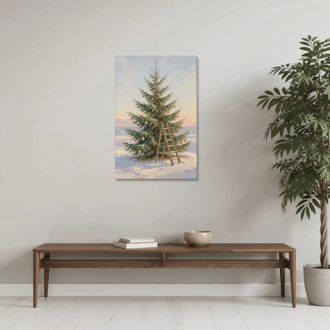 Stepladder by a Half-Decorated Fir - Canvas Wall Art - Coffee Table - 24x36