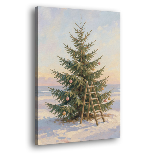Stepladder by a Half-Decorated Fir - Canvas Wall Art - Side