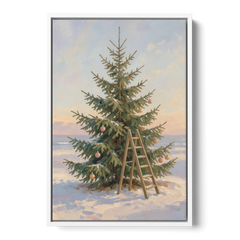 Stepladder by a Half-Decorated Fir - White Framed Canvas Wall Art - Front
