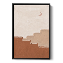 Stepped Adobe Wall Under a Crescent Moon - Black Framed Canvas Wall Art - Front