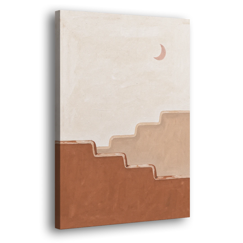 Stepped Adobe Wall Under a Crescent Moon - Canvas Wall Art - Side