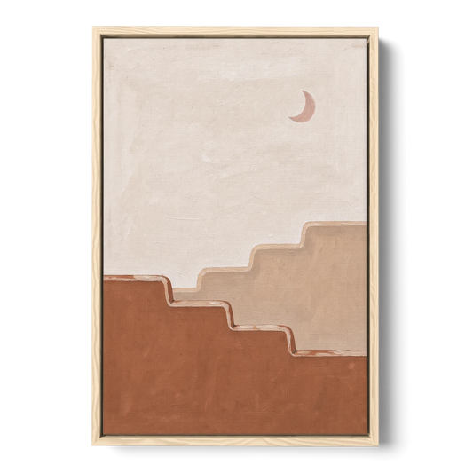 Stepped Adobe Wall Under a Crescent Moon - Oak Framed Canvas Wall Art - Front