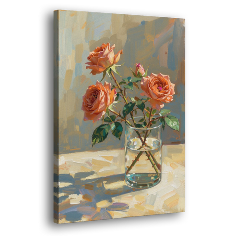 Still Life Flower Painting with Coral Roses - Canvas Wall Art - Side