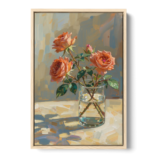 Still Life Flower Painting with Coral Roses - Oak Framed Canvas Wall Art - Front