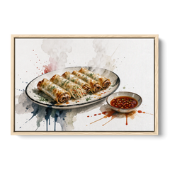Still Life Food Painting of Crisp Spring Rolls - Oak Framed Canvas Wall Art - Front