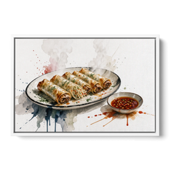 Still Life Food Painting of Crisp Spring Rolls - White Framed Canvas Wall Art - Front