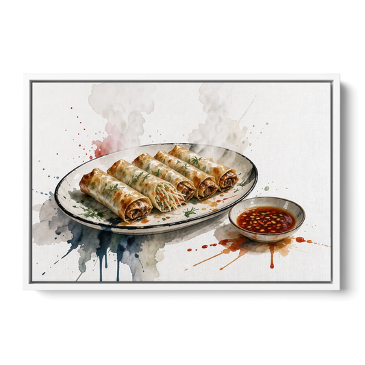 Still Life Food Painting of Crisp Spring Rolls - White Framed Canvas Wall Art - Front