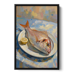 Still Life Oil Painting of Red Snapper and Lemon - Black Framed Canvas Wall Art - Front