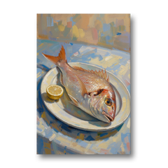 Still Life Oil Painting of Red Snapper and Lemon - Canvas Wall Art - Front
