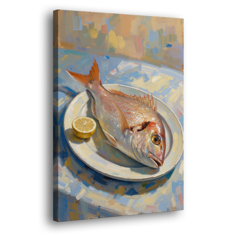 Still Life Oil Painting of Red Snapper and Lemon - Canvas Wall Art - Side