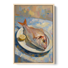 Still Life Oil Painting of Red Snapper and Lemon - Oak Framed Canvas Wall Art - Front