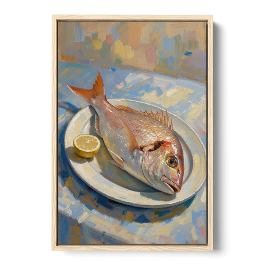 Still Life Oil Painting of Red Snapper and Lemon - Oak Framed Canvas Wall Art - Front