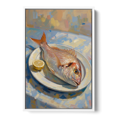 Still Life Oil Painting of Red Snapper and Lemon - White Framed Canvas Wall Art - Front