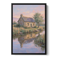 Stone Cottage Painting by the Evening Brook - Black Framed Canvas Wall Art - Front